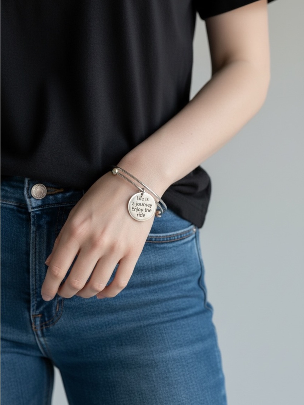 10/14 Silver Inspirational Charm Bangle Bracelet - 'Life is a Journey'